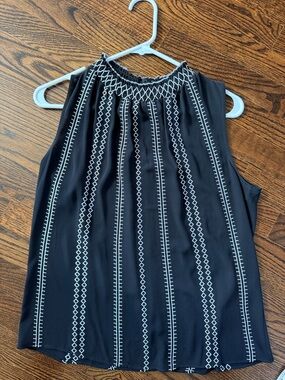 White House Black Market Black Top with White Embroidery